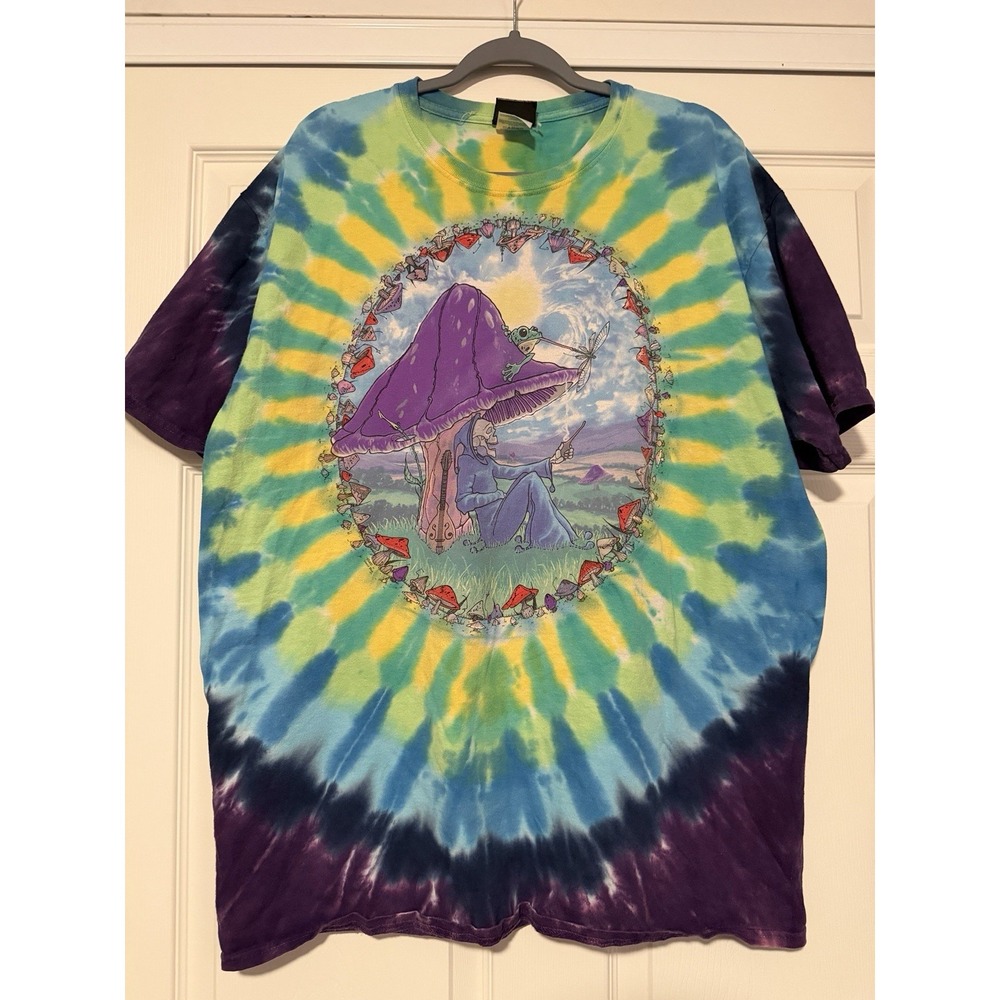 Vtg Y2K Liquid Blue Mushroom Haven Tie Dye Psychedelic T Tee Shirt 2000 Skeleton